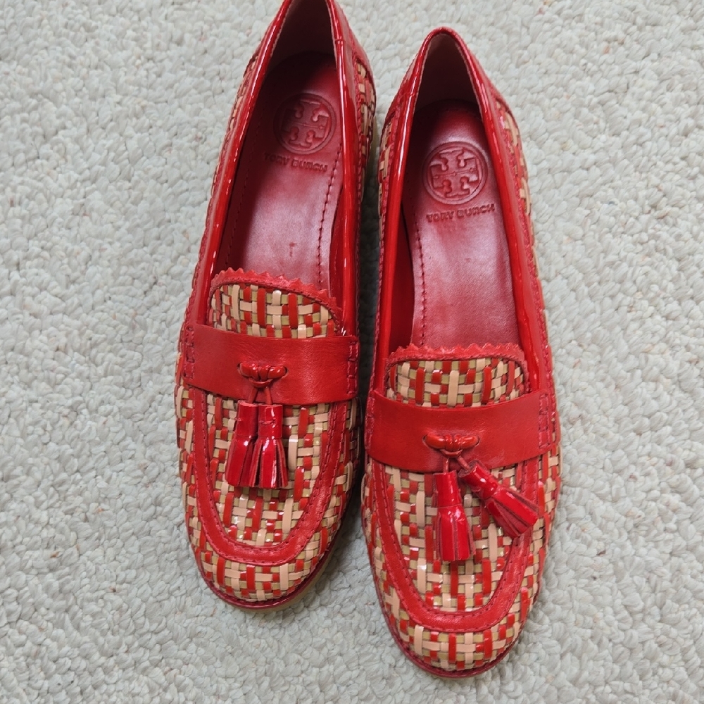 Tory Burch Red and Tan Loafers with Gold Accents. NEW!!!